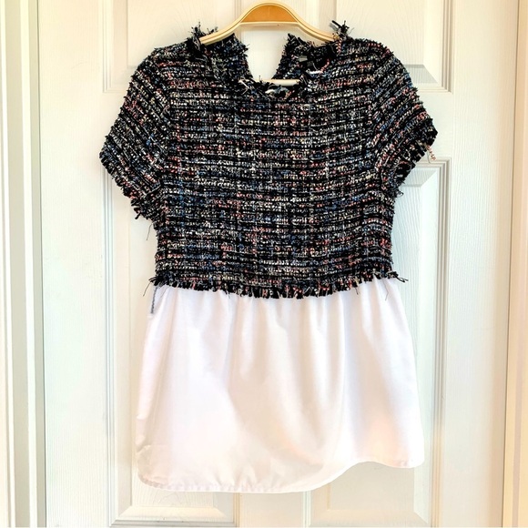 Tweed Black White Peplum Babydoll Short Sleeves Mixed Media Top Blouse - Picture 2 of 5